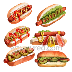seamless Watercolor Hot Dog Breakfast Set with Classic and Gourmet Toppings texture 8k free download PBR