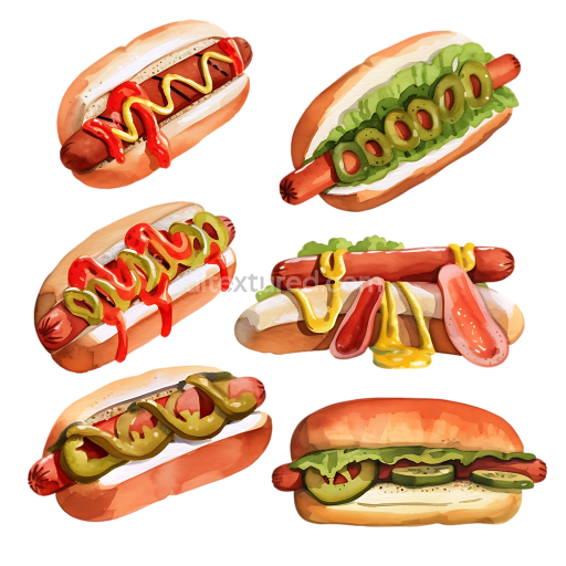 Watercolor Hot Dog Breakfast Set with Classic and Gourmet Toppings