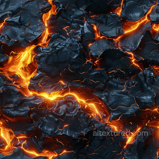 Seamless 3D PBR Texture of Glossy Black Cracked Surface with Bright Lava Glow texture preview