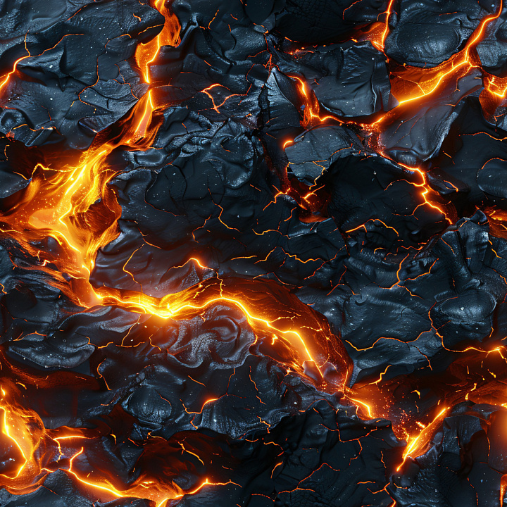 Glossy Black Cracked Surface with Bright Lava Glow seamless PBR texture preview