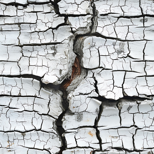 Seamless 3D PBR cracked white paint texture with aged wood base and deep fissures