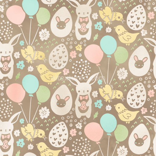 Seamless 3D PBR Digital Paper Texture Featuring Easter Bunnies, Chicks & Balloons