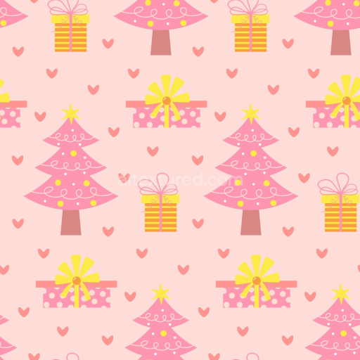 Seamless 3D PBR Christmas Pink Pattern Texture with Stylized Trees & Gifts