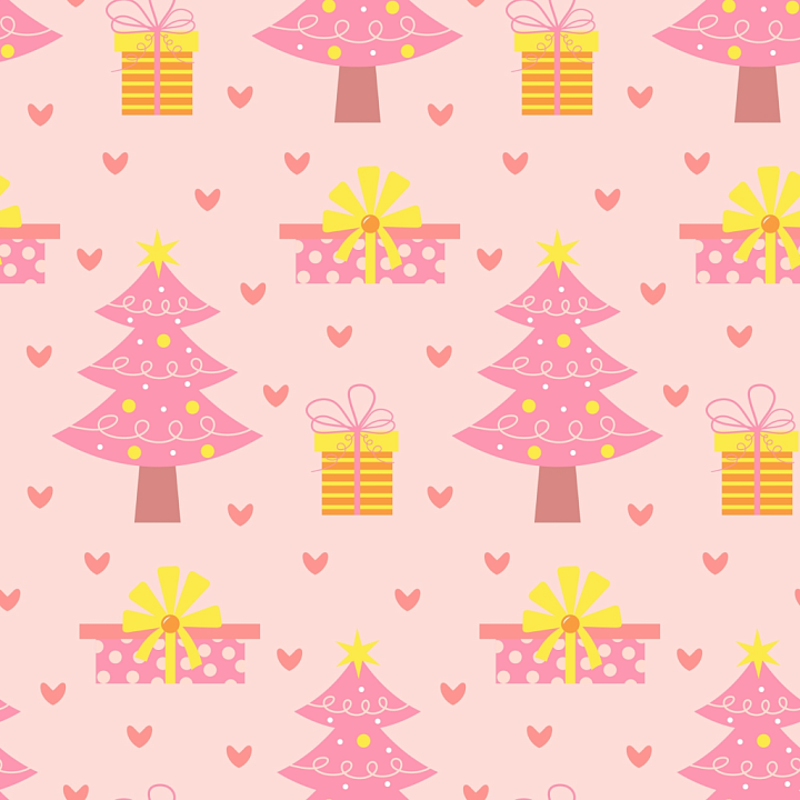 Christmas Pink Pattern with Stylized Trees & Gifts seamless PBR texture preview
