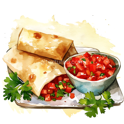 Watercolor Breakfast Illustration of Homemade Burrito with Salsa in Red and Green