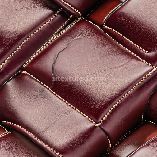 Seamless 3D PBR texture of glossy burgundy stitched leather upholstery with aged grain and wrinkles