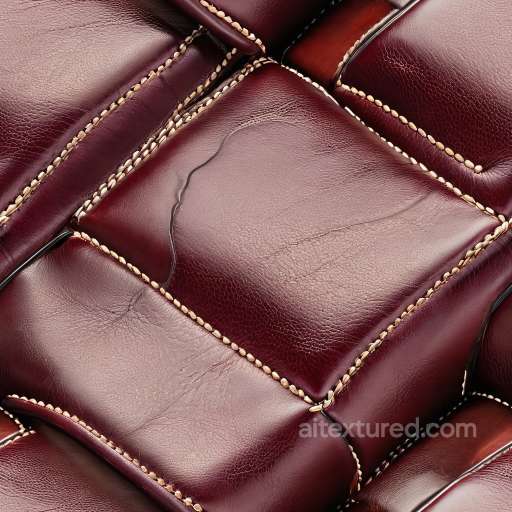Of Glossy Burgundy Stitched Leather Upholstery With Aged Grain And Wrinkles seamless Leather PBR texture