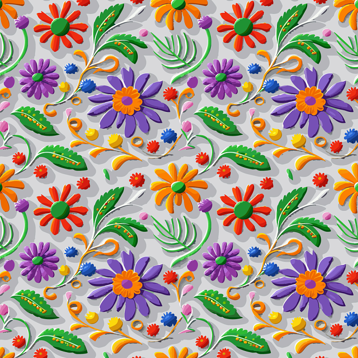 Colorful Embroidered Floral Fabric with Bright Flowers seamless PBR texture preview