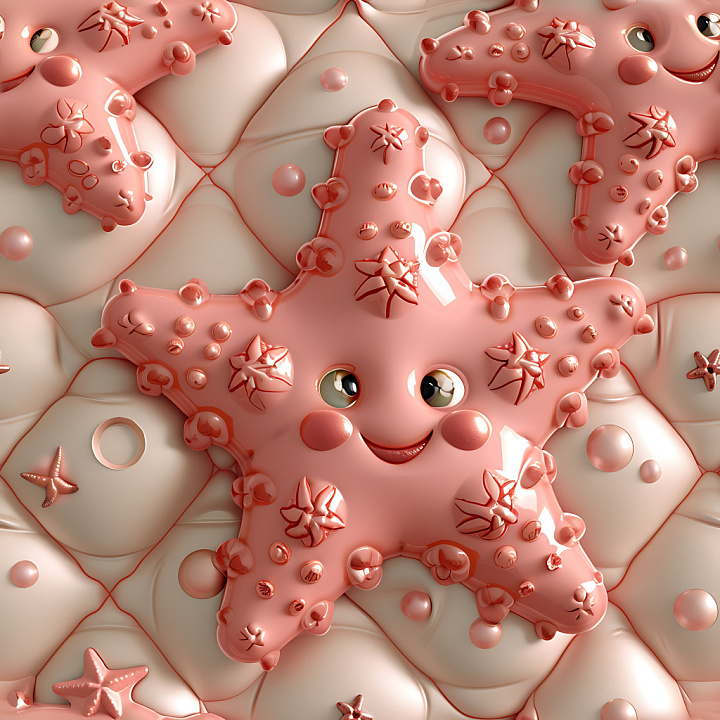 Inflated of Glossy Pink Starfish on Cream Quilted Background seamless PBR texture preview