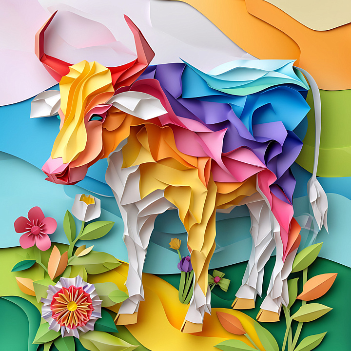 Animal of Vibrant Origami-Style Multicolor Cow seamless PBR texture preview
