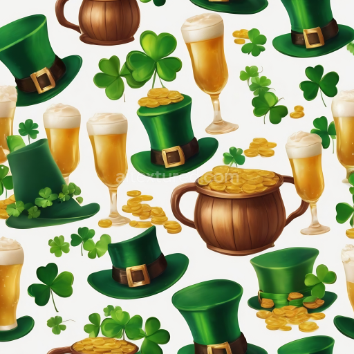 Seamless 3D PBR Texture Featuring St Patrick Icons: Green Hats, Beer, Coins