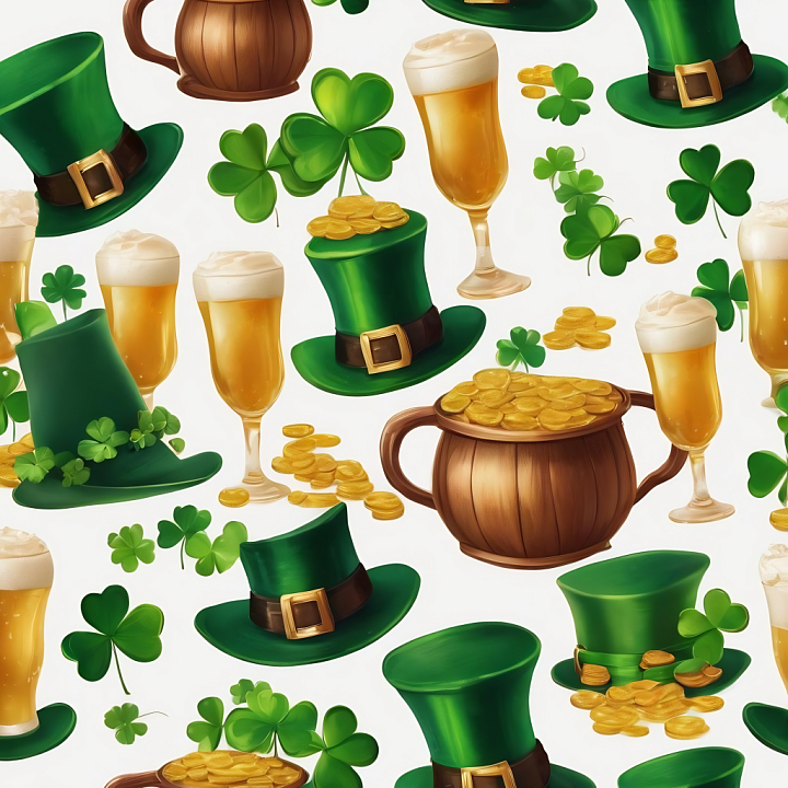 Featuring St Patrick Icons: Green Hats, Beer, Coins seamless PBR texture preview