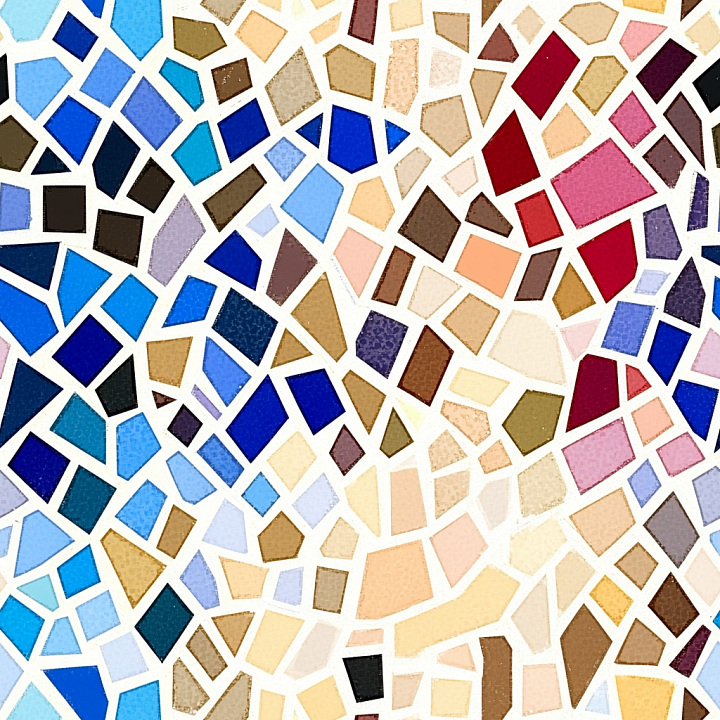 Mosaic Featuring Multicolor Broken Ceramic Tiles with White Grout seamless PBR texture preview