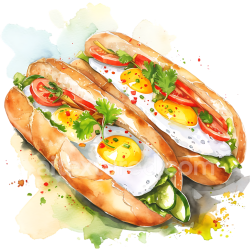seamless Watercolor Style Banh Mi Sandwiches with Fried Eggs and Fresh Vegetables Breakfast Illustration texture 8k free download PBR