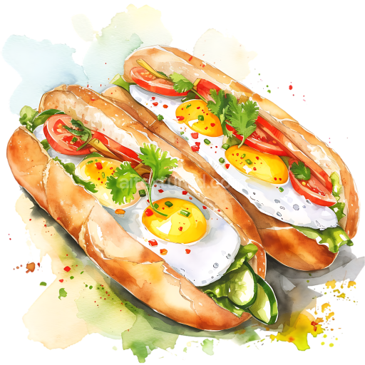 Watercolor Style Banh Mi Sandwiches with Fried Eggs and Fresh Vegetables Breakfast Illustration