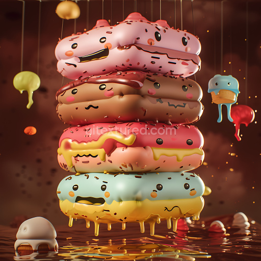 Seamless 3D Inflated PBR Texture of Colorful Cartoon Donut Stack with Face Details