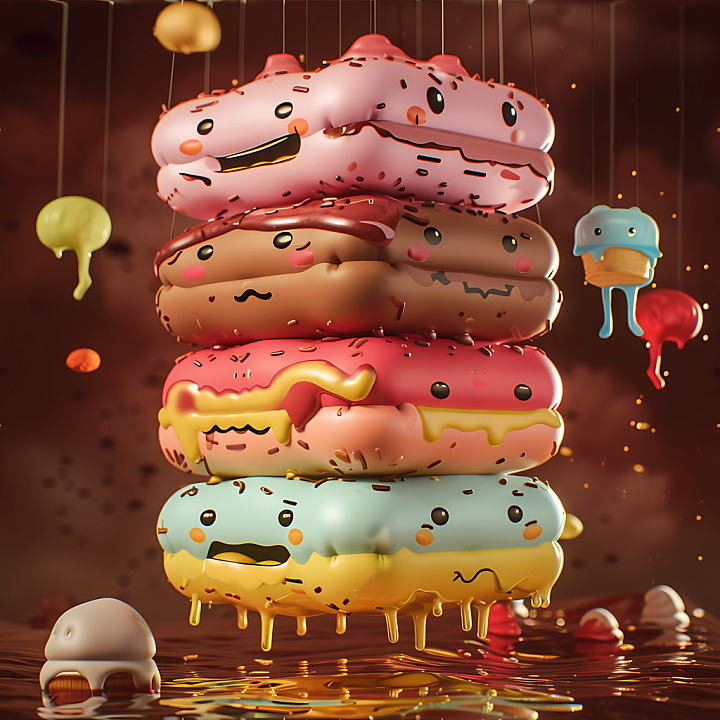 Inflated of Colorful Donut-Shaped Puffy Pillows with Faces seamless PBR texture preview