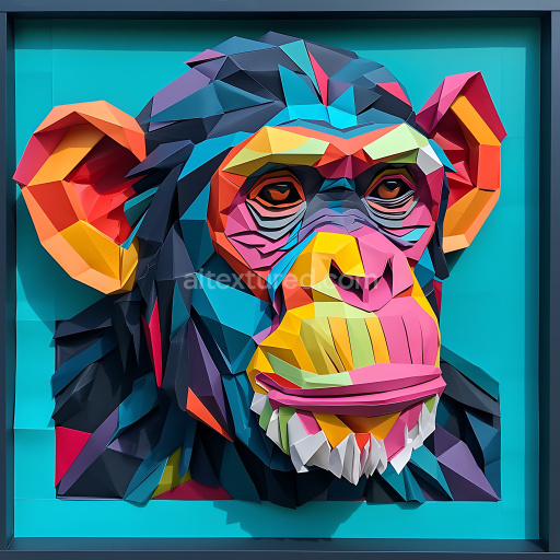 Seamless 3D PBR Texture Featuring Colorful Origami-Style Chimpanzee Face