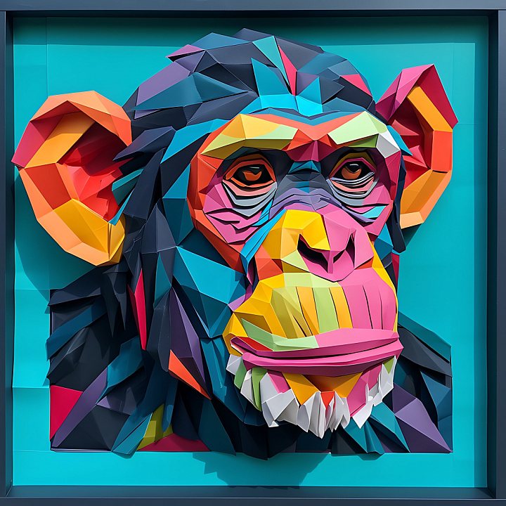 Featuring Colorful Origami-Style Chimpanzee Face seamless PBR texture preview