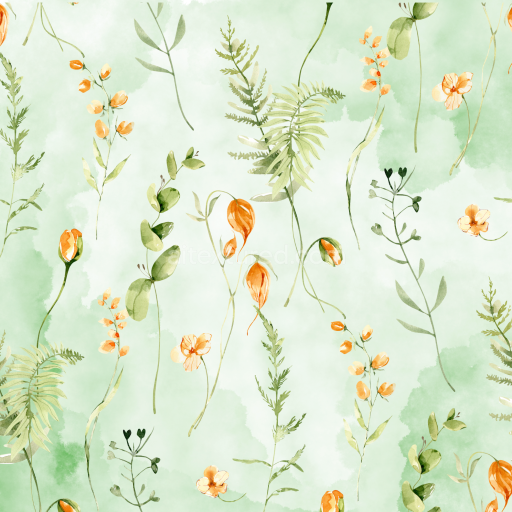 Seamless 3D PBR Texture of Watercolor Greenery and Orange Flowers