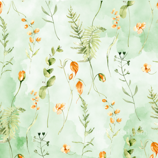 Watercolor Greenery and Orange Flowers Seamless Texture seamless watercolor greenery PBR texture