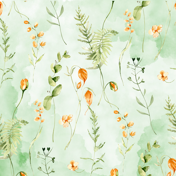 Watercolor Greenery and Orange Flowers seamless PBR texture preview