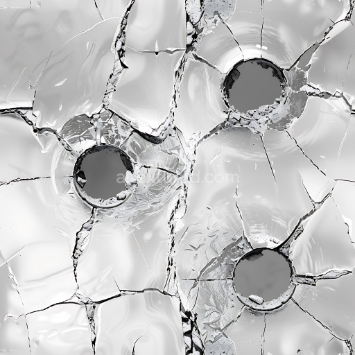 Seamless 3D cracked and shattered glass PBR texture with distinct holes and fractures