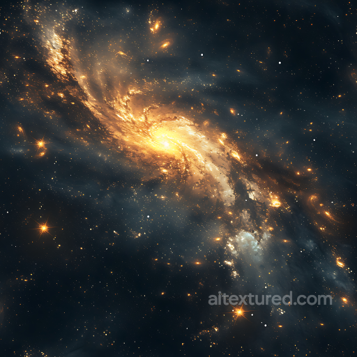 Space PBR Texture Featuring a Golden Spiral Galaxy with Nebula Clouds seamless Star, space, planets PBR texture