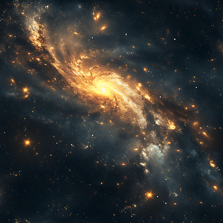 Space Featuring a Golden Spiral Galaxy with Nebula Clouds seamless PBR texture preview