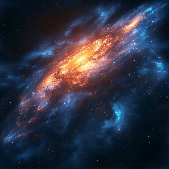 Space Featuring a Fiery Orange Galaxy Surrounded by Blue Nebula Clouds seamless PBR texture preview