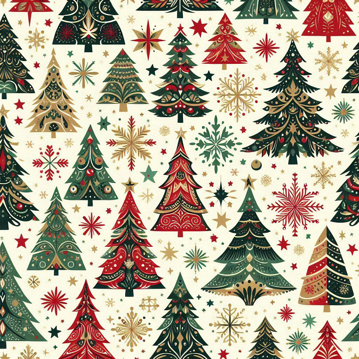 All Christmas Digital paper of Stylized Christmas Trees & Decor seamless PBR texture preview