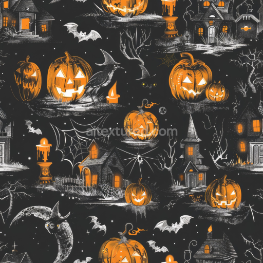 Seamless 3D PBR Texture Featuring Vintage Halloween Pumpkins & Haunted Houses