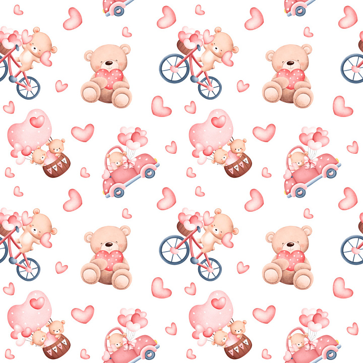 Pattern with Adorable Teddy Bear and Heart Motifs in Soft Pastel Pinks seamless PBR texture preview