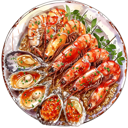 Breakfast Seafood Platter with Grilled Shrimp and Oysters PNG Graphic