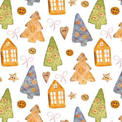 seamless Seamless 3D PBR Christmas Watercolor Texture with Hand-Painted Trees, Houses, and Buttons texture 8k free download PBR