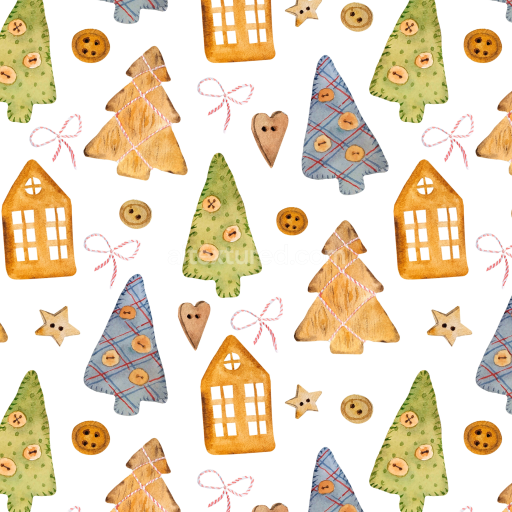 Seamless 3D PBR Christmas Watercolor Texture with Hand-Painted Trees, Houses, and Buttons