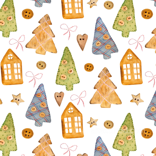 Christmas Watercolor Texture with Hand-Painted Trees, Houses, and Buttons seamless Christmas Watercolor PBR texture