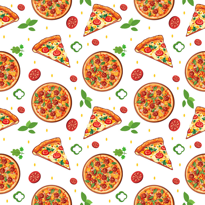 Pattern Featuring Colorful Pizza Slices & Toppings seamless PBR texture preview