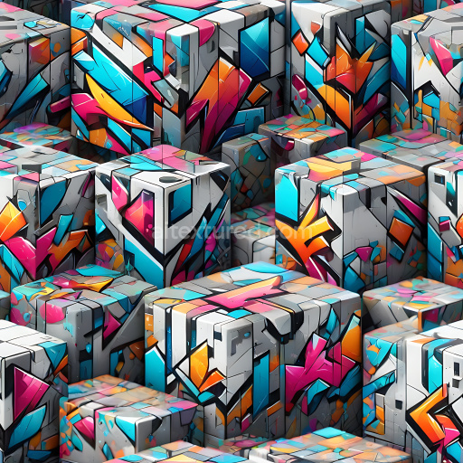 Seamless 3D PBR Texture Featuring Vibrant Abstract Graffiti on Cube Surfaces