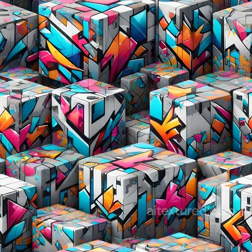 Seamless 3D PBR Texture Featuring Vibrant Abstract Graffiti on Cube Surfaces texture preview