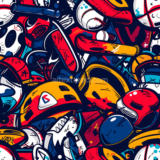 Seamless 3D PBR graffiti texture featuring bold sports gear illustrations