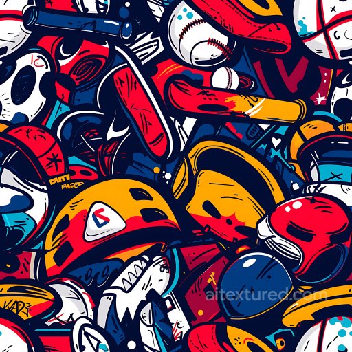 Seamless 3D PBR graffiti texture featuring bold sports gear illustrations texture preview