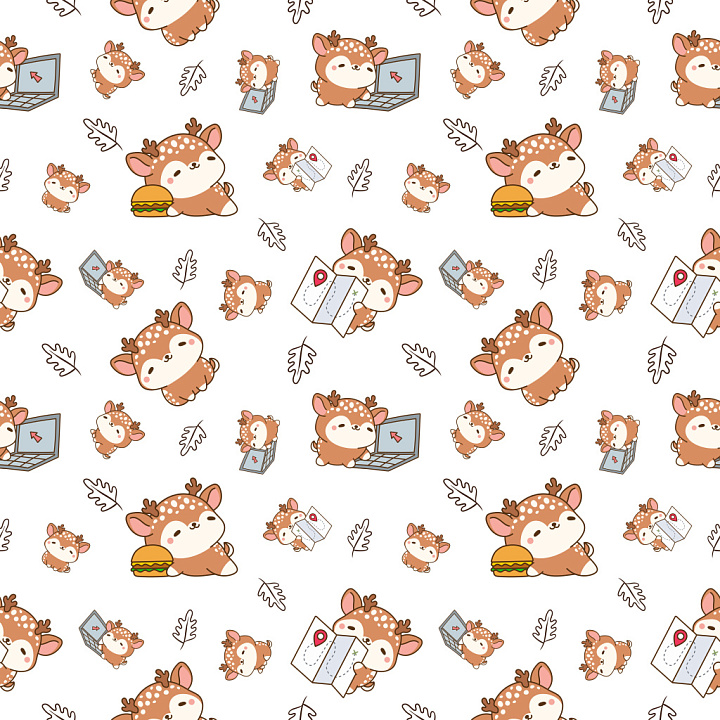 Pattern with Cute Cartoon Deer Motifs and Playful Objects seamless PBR texture preview