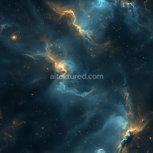Seamless 3D PBR Space Texture Featuring Glowing Blue and Gold Nebula Clouds