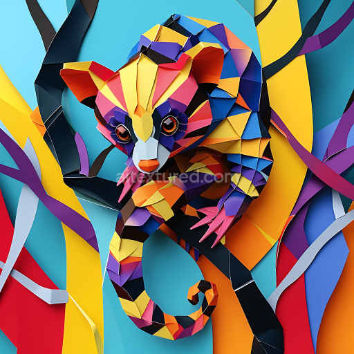 Seamless 3D PBR texture featuring vibrant banded palm civet origami pattern