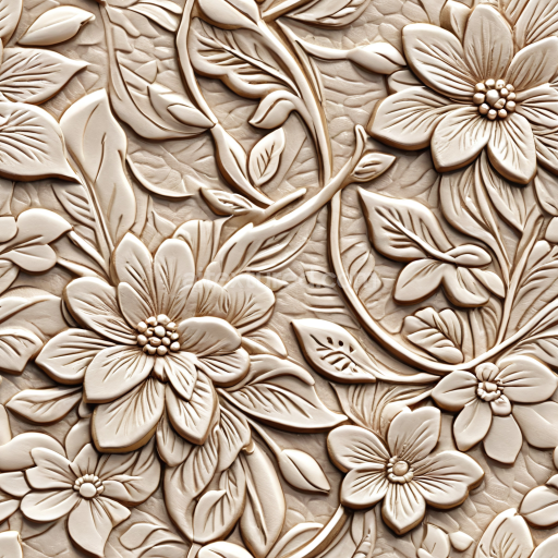 Seamless 3D Floral Embossed Cream Leather PBR Texture with Detailed Carved Patterns