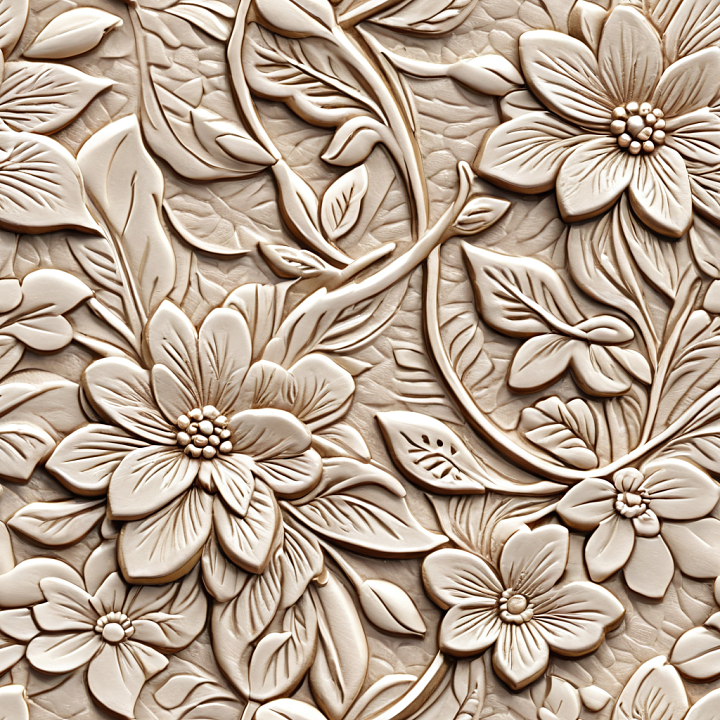 Floral Embossed Cream Leather with Detailed Carved Patterns seamless PBR texture preview