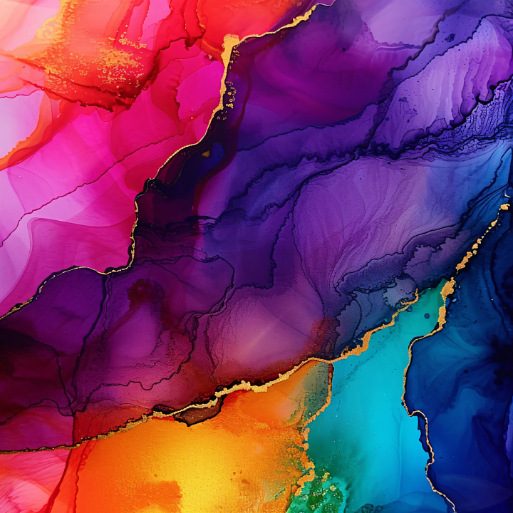Alcohol Ink Featuring Vibrant Multicolor Fluid Waves and Gold Veins seamless PBR texture preview