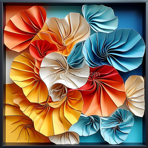 Seamless 3D PBR Texture Featuring Origami-Style Clam Shell Shapes in Orange, Blue, and Cream