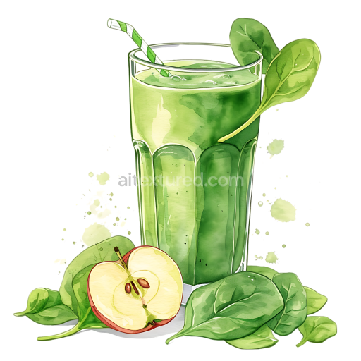 Breakfast Green Apple and Spinach Juice Illustrated with Fresh Leaves